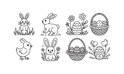 Obraz premium Easter themed vector illustration of bunnies chicks eggs and baskets in black outline