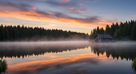 Fototapeta premium Misty lake cabin reflects dawns fiery sky