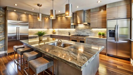Modern Kitchen Island with Granite Countertops and Stainless Steel Appliances in a Luxurious Home