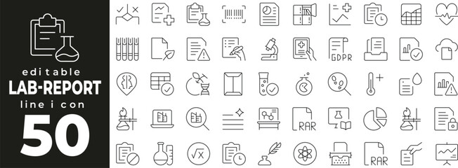 Lab report set of web icons in line style. Lab report linear icons collection. Containing science report, microscope, chemistry, test tube, lab file, experiment result, analysis. Editable stroke
