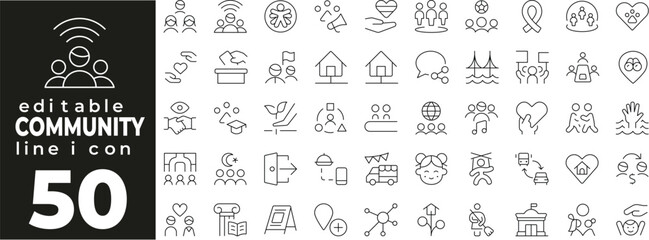 Community set of web icons in line style. Community linear icons collection. Containing people, group, teamwork, society, neighborhood, meeting, unity, cooperation. Editable stroke