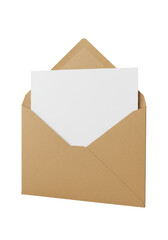 Open brown kraft paper envelope with textured flaps and a crisp, blank white sheet of paper partially emerging, set against a transparent background with bright, shadowless studio light. Concept