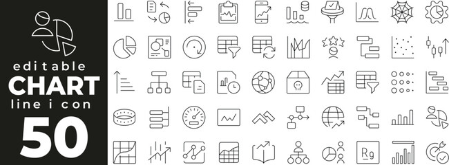 Chart set of web icons in line style. Chart linear icons collection. Containing bar graph, pie chart, line graph, statistics, growth report, analytics, dashboard, finance. Editable stroke