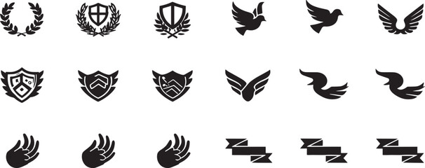 Laurel wreath, shield, wing, ribbon, and banners vector set. Laurel wreaths, shields, wings, ribbons illustration for awards, heraldry, logos, badges, and branding designs.
