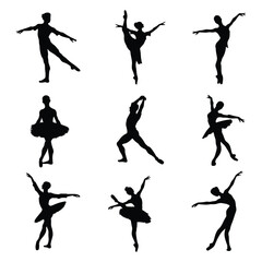 Fototapeta premium Ballet Dance Silhouettes, Stock Image Silhouette, Graceful Ballerina Poses Isolated on White Background