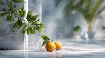  3D render of two oranges on the floor, white marble and concrete interior with green plants in the background, water droplets splashing around. 