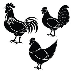 Black Silhouette Rooster Hen Chicken Farm Poultry Birds