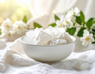 Flat White Ceramic Bowl Filled with Multiple Raw Baryte Stones in Creamy White, Rough and Unpolished