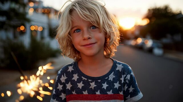 Smiling boy holding sparkler in front of American flag for Fourth of July, Constitution Day, Flag Day, patriotism and educational projects in 4K high-resolution motion image