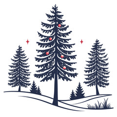 Obraz premium Dark Blue Silhouette Christmas Trees Red Ornaments Winter Scene