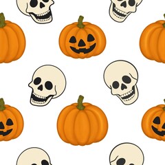 Seamless playful Halloween pattern featuring cute pumpkins and smiling skulls on white background.