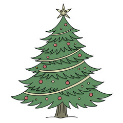 Fototapeta premium Decorated Green Christmas Tree with Beige Ribbon and Ornaments