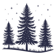 Three Dark Blue Pine Tree Silhouettes Snowy Night Stars