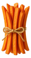 Orange carrot sticks bound together with a rustic twine bow.