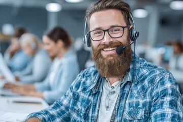 Smiling mature man wearing headset in call center