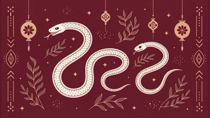Elegant white snake coiled with decorative floral lanterns and stars on a dark red background
