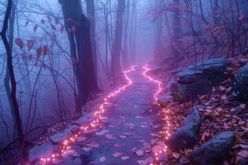 Fototapeta premium A forest trail lined with glowing purple lights in a foggy mystical atmosphere with fallen autumn leaves