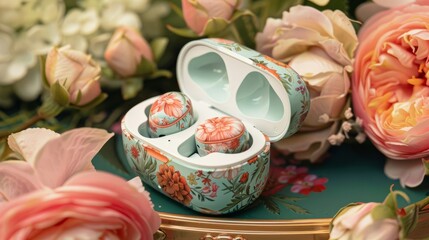 Wireless earbuds in floral case surrounded by vibrant flowers, showcasing modern design and elegance, perfect for music lovers and tech enthusiasts with a touch of nature