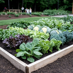 Raised bed vegetable garden with lush cabbage and greens