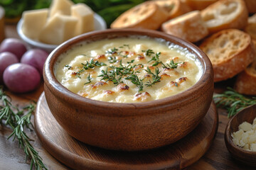 Creamy cheese fondue in wooden bowl topped with herbs surrounded by cheese, grapes and bread slices