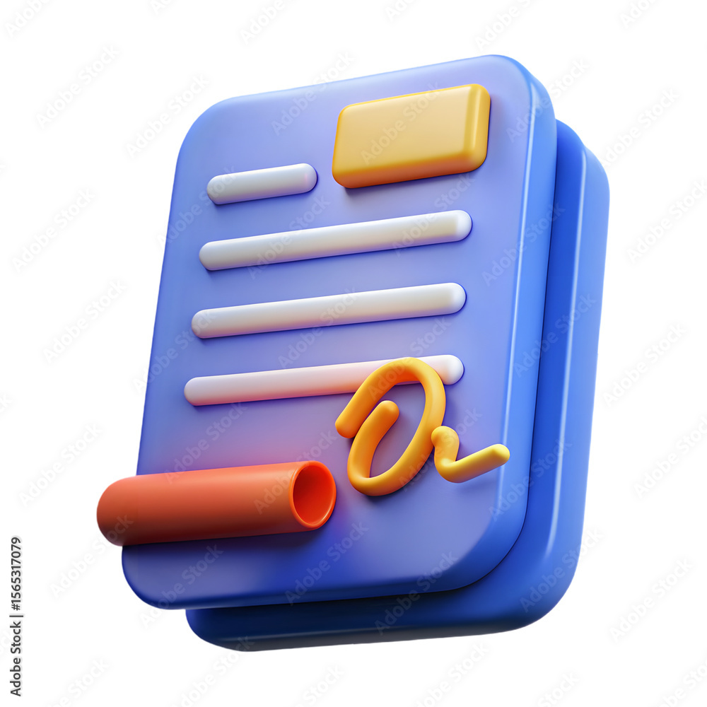 Aufkleber photo of a 3d rendering of a purple document icon with an orange signature and scroll, isolated on t