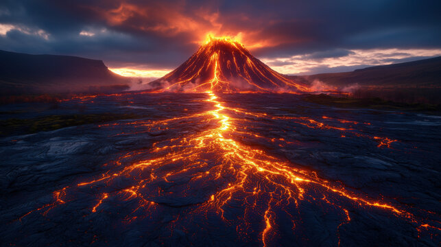 a dramatic volcanic eruption with pyroclastic flows and glowing lava rivers illuminating the landscape at dusk