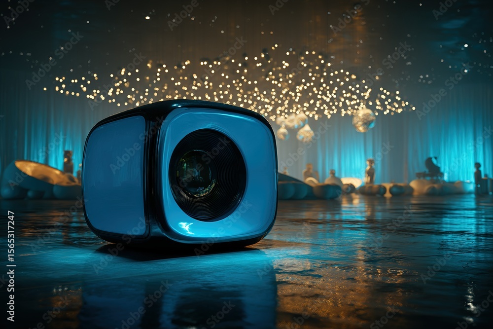 Poster creative lighting installation features a unique cube projector in an art gallery setting at nightti