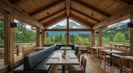 Rustic alpine restaurant with mountain panorama