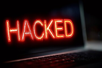 Laptop screen displaying hacked message in red, cybercrime concept