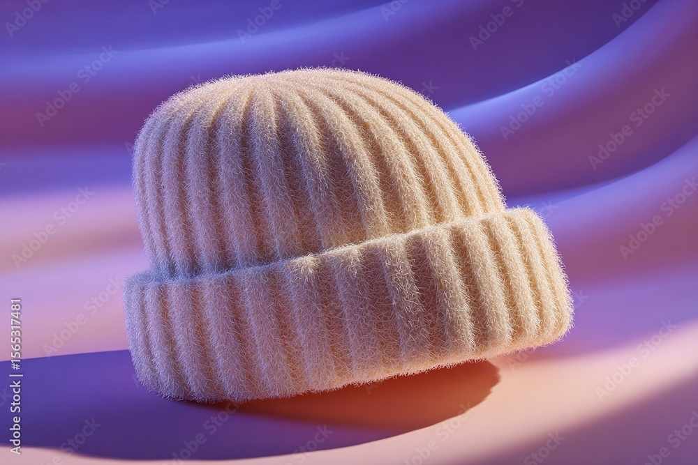 Poster soft wool hat displayed on a smooth gradient background in pastel colors, highlighting its texture a