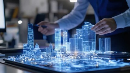 Future City Vision: A professional meticulously examines a glowing architectural model, symbolizing the exciting realm of technological advancement and future city design. - Powered by Adobe