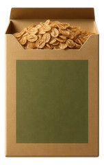A cardboard box is filled with uncooked, dried orecchiette pasta, with a blank green label on the front.