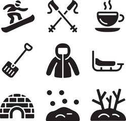 Winter Sports Icons Snowboarding, Skiing, Snowshoeing, and More
