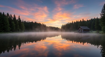 Fototapeta premium Serene lake reflection at vibrant sunset