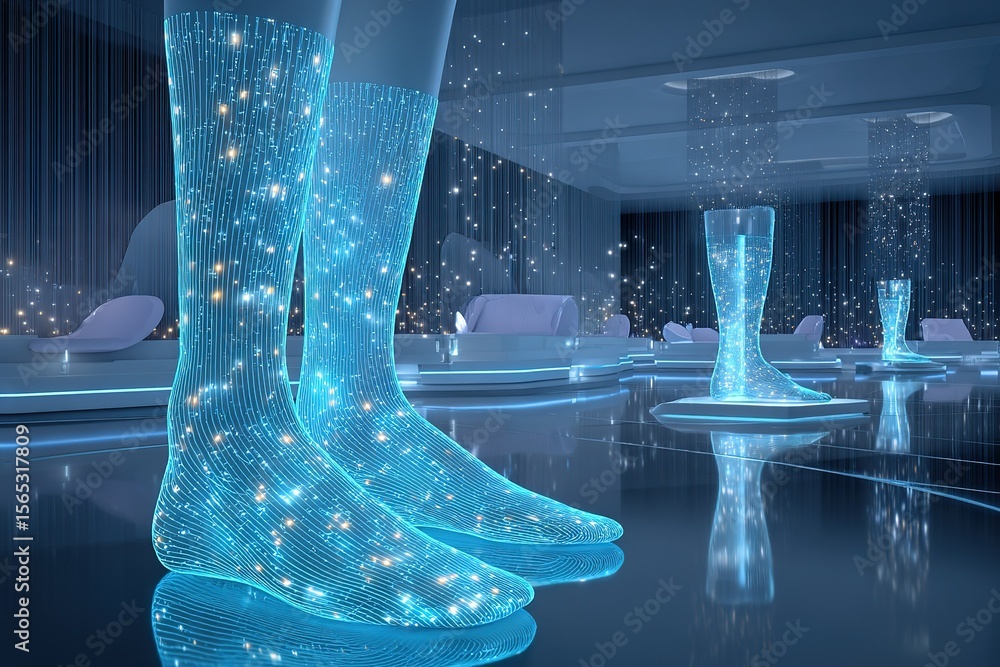Poster futuristic glowing socks illuminate a stylish lounge setting with vibrant patterns