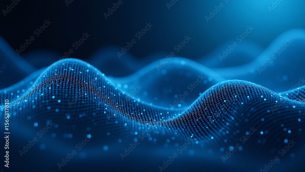 Poster abstract blue wave pattern with glowing particles and smooth curves