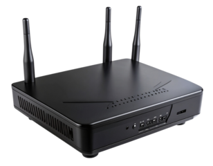 Angled Top Shot of Matte Black Wi-Fi Router with Signal Icons – Transparent PNG