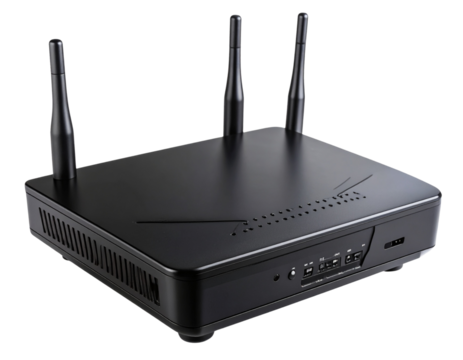 Angled Top Shot of Matte Black Wi-Fi Router with Signal Icons – Transparent PNG