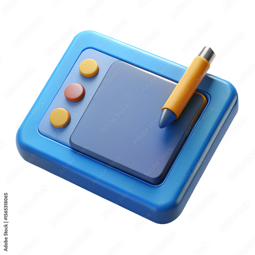 Aufkleber photo of a 3d rendering of a blue digital drawing tablet with a yellow stylus and colorful buttons, 