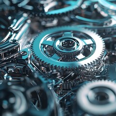 Closeup view of interlocking gears and machinery components