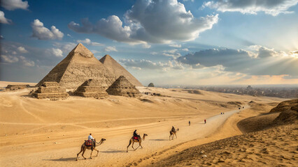 Giza Pyramids: Camel Caravan at Sunset, Dramatic Sky, Ancient Egypt, Travel Photography