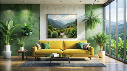 Vibrant Yellow Sofa in a Lush Green Living Room with a Serene Landscape Painting and Abundant Indoor Plants