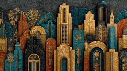 Art Deco Architecture Background Glamorous 1920s skyscrapers with gold accents geometric patterns vintage luxury vibe