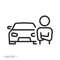 owner car icon, man with automobile, transport owner, salesperson or consultant at a car dealership, thin line symbol - editable stroke vector illustration eps10