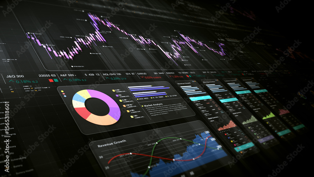 Aufkleber Dynamic data visuals for business info graphics, animated charts, and data-driven insights for a business meeting mock-up. Explore the world of trading, stock exchanges, and crypto