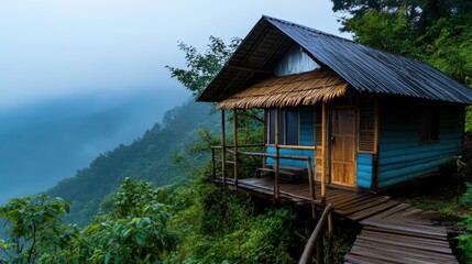 A cozy bamboo hut on a foggy mountain trail du the rainy season provides a soft, tranquil escape into nature's serene embrace, hidden in misty mountain tops.
