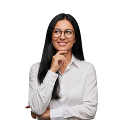 Woman in glasses thinking and smiling isolated on transparent background