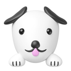 Minimalist 3D render of a cute white cartoon dog head with black ears and eyes, and a pink tongue, peeking into the frame from the bottom, Pet illustration.