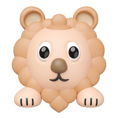 A charming 3D cartoon lion head with paws. This cute, stylized animal character features large eyes and a friendly expression, perfect for children's designs or mascots.3d render