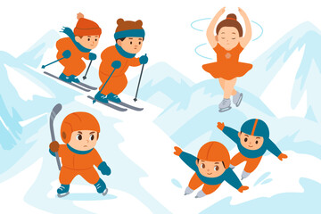 Fototapeta premium Cartoon children doing winter sports in snowy mountains, flat style in orange and blue tones, concept for Winter Sports Day, with space to copy